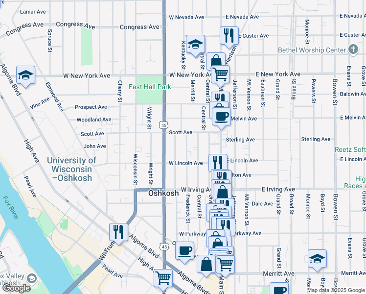 map of restaurants, bars, coffee shops, grocery stores, and more near 852 Frederick Street in Oshkosh