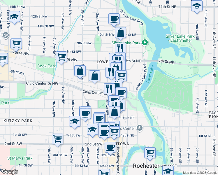 map of restaurants, bars, coffee shops, grocery stores, and more near 412 2nd Avenue Northwest in Rochester