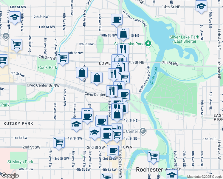 map of restaurants, bars, coffee shops, grocery stores, and more near 400 1st Avenue Northwest in Rochester