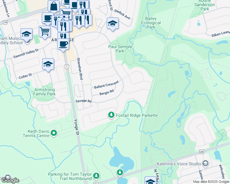 map of restaurants, bars, coffee shops, grocery stores, and more near 108 Bergin Road in Newmarket