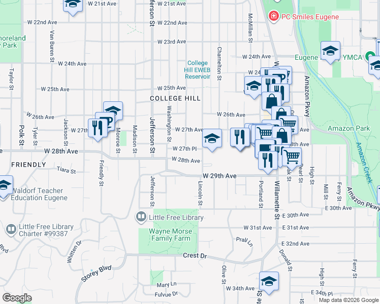 map of restaurants, bars, coffee shops, grocery stores, and more near 380 West 27th Place in Eugene
