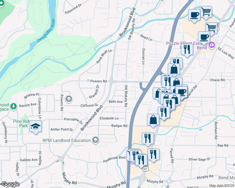 map of restaurants, bars, coffee shops, grocery stores, and more near 20060 Doanna Way in Bend