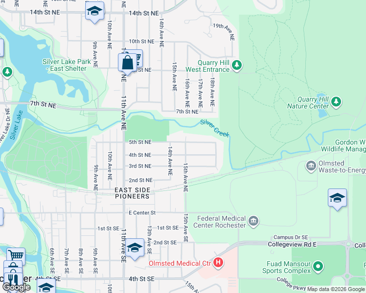 map of restaurants, bars, coffee shops, grocery stores, and more near 415 15th Avenue Northeast in Rochester