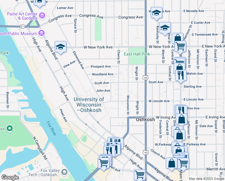 map of restaurants, bars, coffee shops, grocery stores, and more near 838 Mckinley Street in Oshkosh