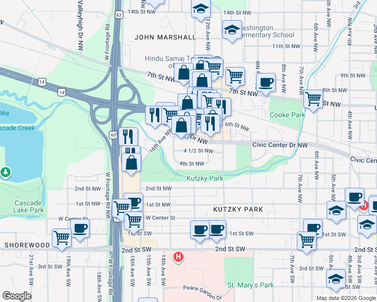 map of restaurants, bars, coffee shops, grocery stores, and more near 1251 4 1/2 Street Northwest in Rochester