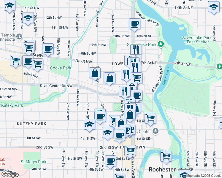 map of restaurants, bars, coffee shops, grocery stores, and more near 407 2nd Avenue Northwest in Rochester