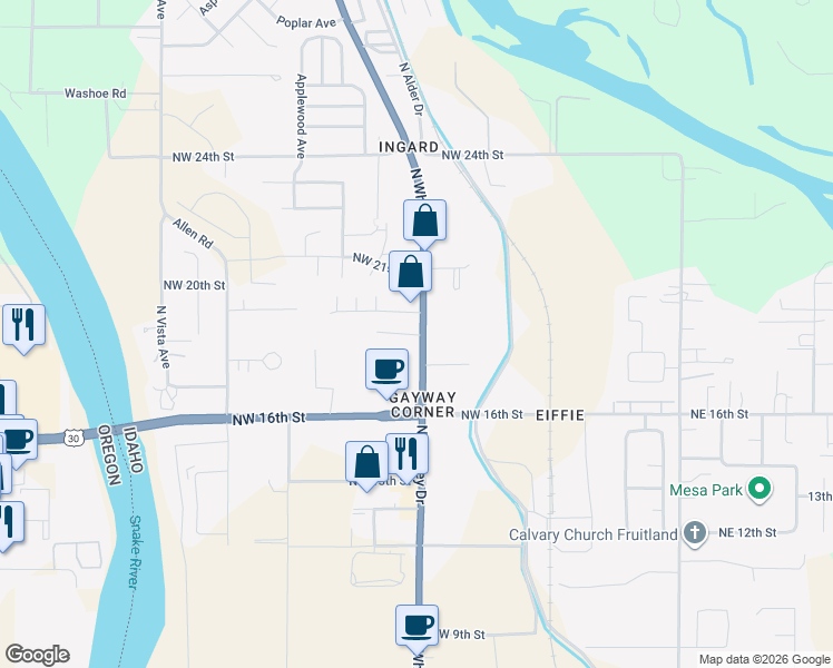map of restaurants, bars, coffee shops, grocery stores, and more near 1823 U.S. 95 in Fruitland