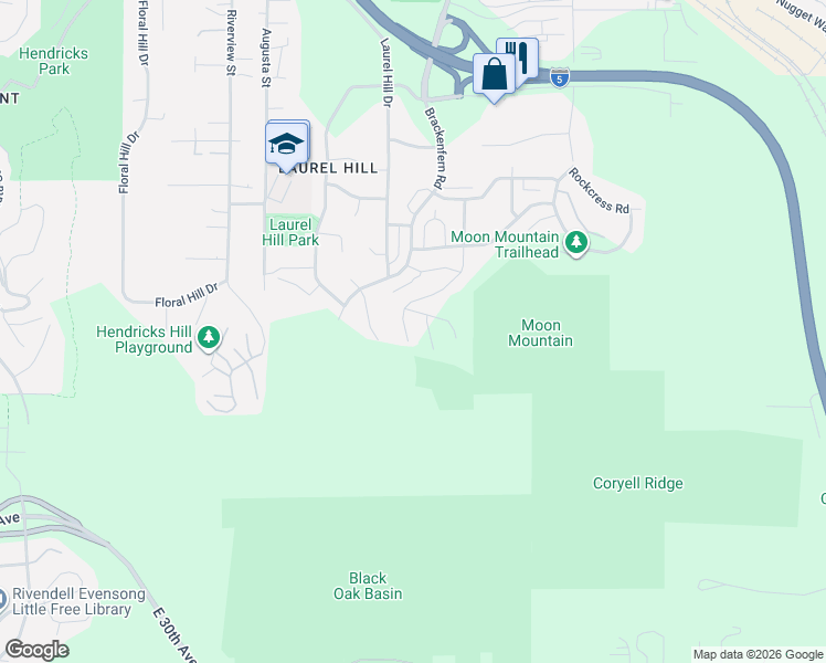 map of restaurants, bars, coffee shops, grocery stores, and more near Woodfern Lane in Eugene