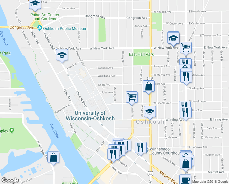 map of restaurants, bars, coffee shops, grocery stores, and more near 899 Mckinley Street in Oshkosh