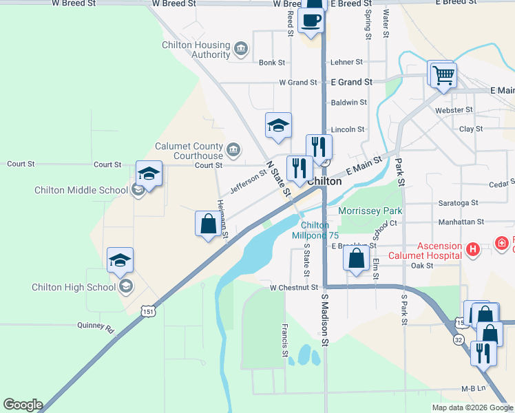 map of restaurants, bars, coffee shops, grocery stores, and more near 151 School Street in Chilton