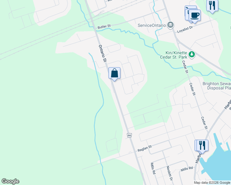 map of restaurants, bars, coffee shops, grocery stores, and more near Ontario Street in Brighton