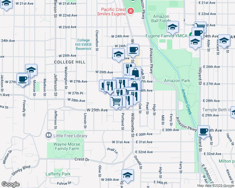 map of restaurants, bars, coffee shops, grocery stores, and more near 2860 Willamette Street in Eugene