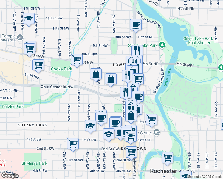 map of restaurants, bars, coffee shops, grocery stores, and more near 407 2nd Avenue Northwest in Rochester