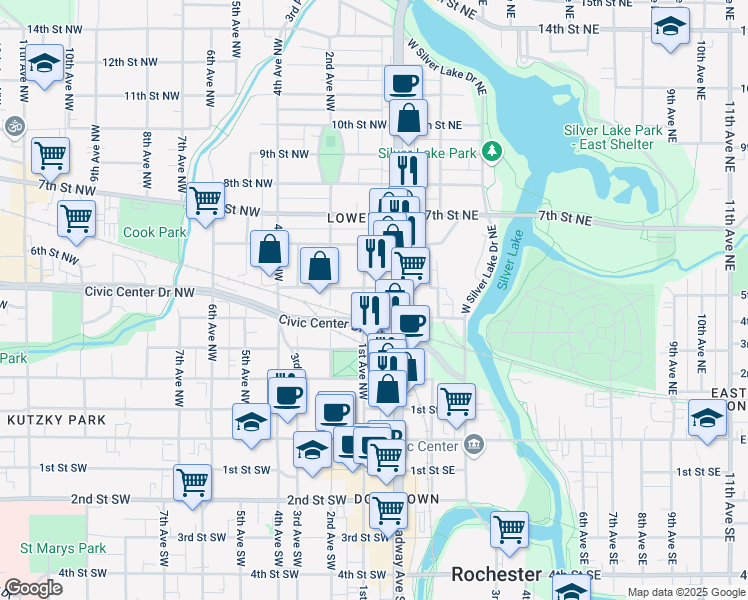 map of restaurants, bars, coffee shops, grocery stores, and more near 400 1st Avenue Northwest in Rochester