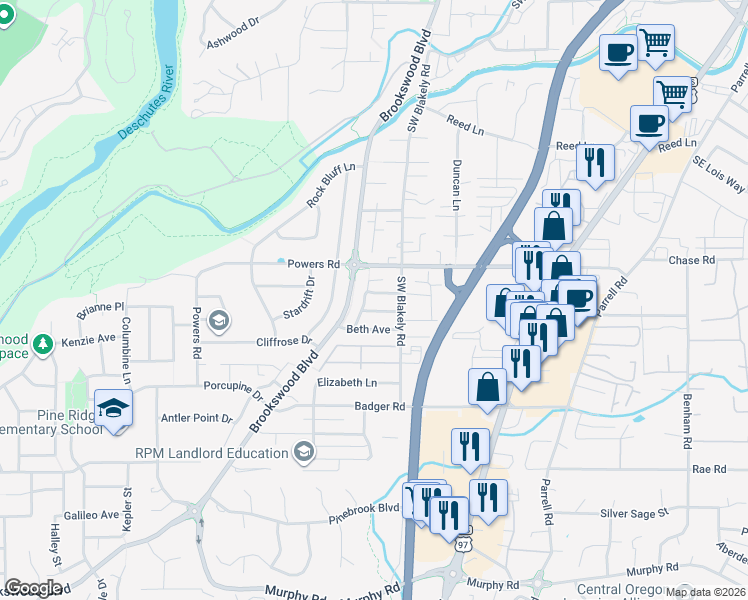 map of restaurants, bars, coffee shops, grocery stores, and more near 20069 Porter Place in Bend