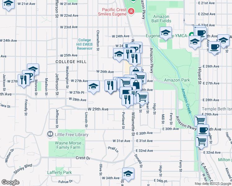 map of restaurants, bars, coffee shops, grocery stores, and more near 2860 Willamette Street in Eugene