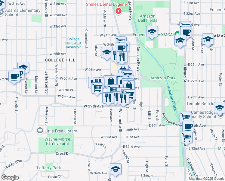 map of restaurants, bars, coffee shops, grocery stores, and more near 2830 Willamette Street in Eugene