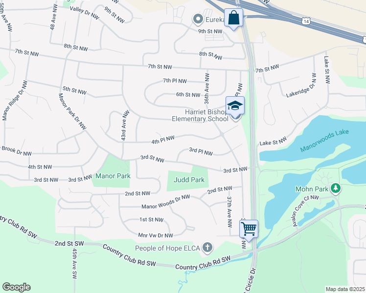 map of restaurants, bars, coffee shops, grocery stores, and more near 3915 3rd Place Northwest in Rochester