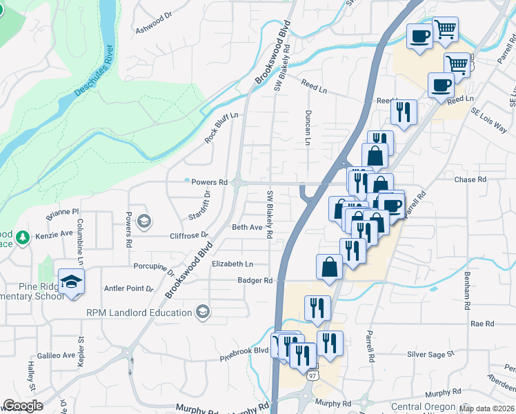 map of restaurants, bars, coffee shops, grocery stores, and more near 20077 Porter Place in Bend