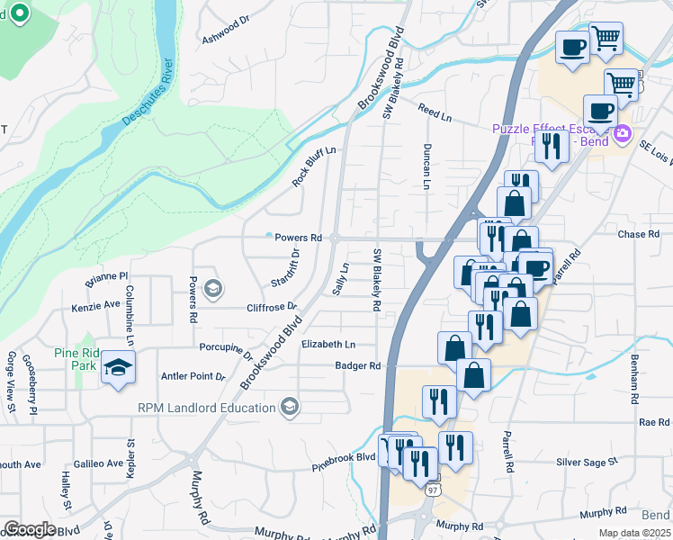 map of restaurants, bars, coffee shops, grocery stores, and more near in Bend