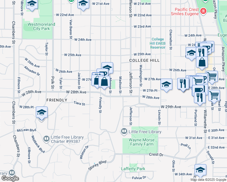 map of restaurants, bars, coffee shops, grocery stores, and more near 2795 Monroe Street in Eugene