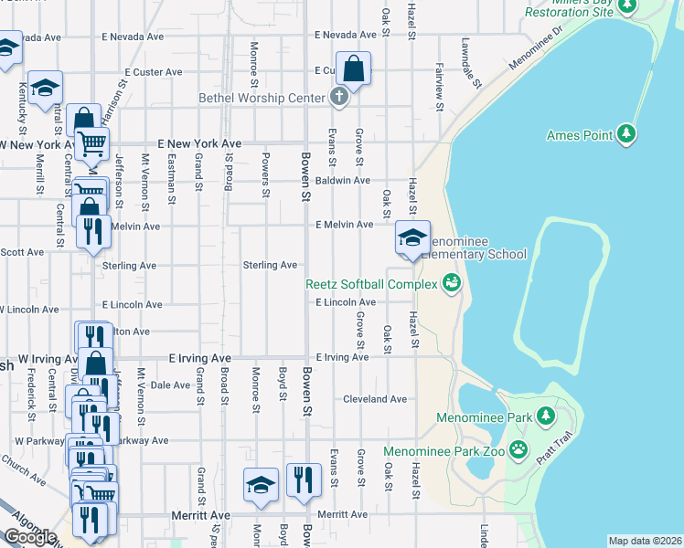 map of restaurants, bars, coffee shops, grocery stores, and more near 839 Grove Street in Oshkosh
