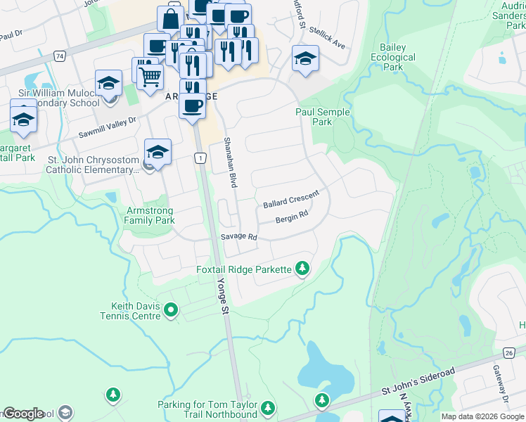 map of restaurants, bars, coffee shops, grocery stores, and more near 48 Ballard Crescent in Newmarket