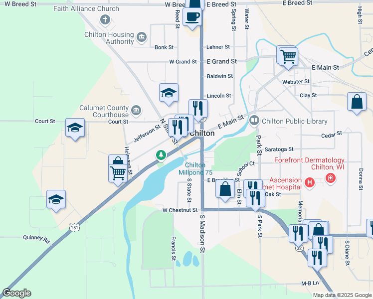 map of restaurants, bars, coffee shops, grocery stores, and more near 49 West Main Street in Chilton