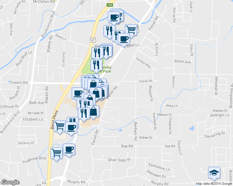 map of restaurants, bars, coffee shops, grocery stores, and more near 61344 Parrell Road in Bend