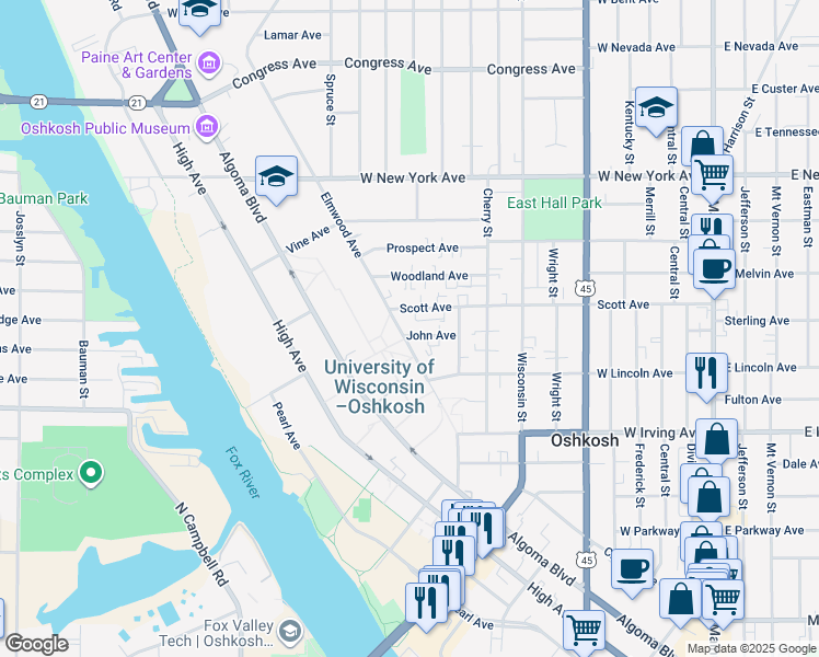 map of restaurants, bars, coffee shops, grocery stores, and more near 844 John Avenue in Oshkosh