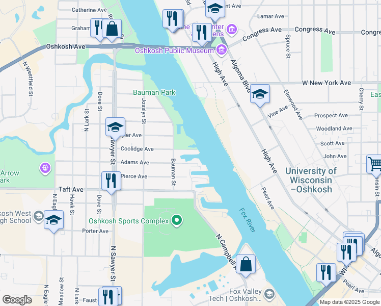 map of restaurants, bars, coffee shops, grocery stores, and more near 897 Coolidge Avenue in Oshkosh