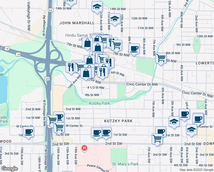 map of restaurants, bars, coffee shops, grocery stores, and more near 455 11th Avenue Northwest in Rochester