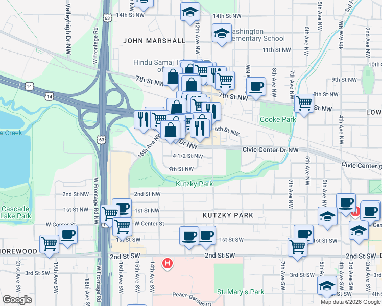 map of restaurants, bars, coffee shops, grocery stores, and more near 1213 4 1/2 Street Northwest in Rochester