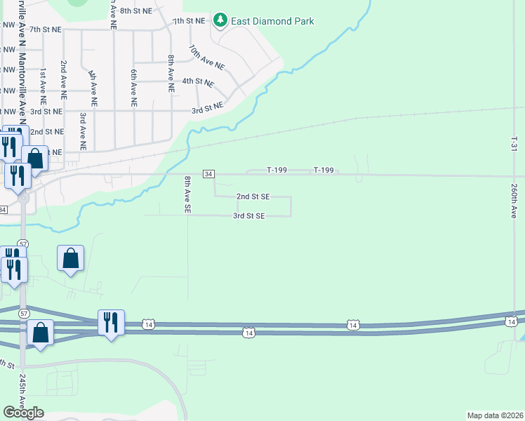 map of restaurants, bars, coffee shops, grocery stores, and more near 1103 3rd Street Southeast in Kasson