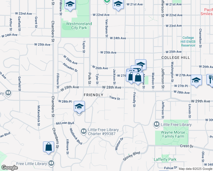 map of restaurants, bars, coffee shops, grocery stores, and more near 1085 West 28th Avenue in Eugene