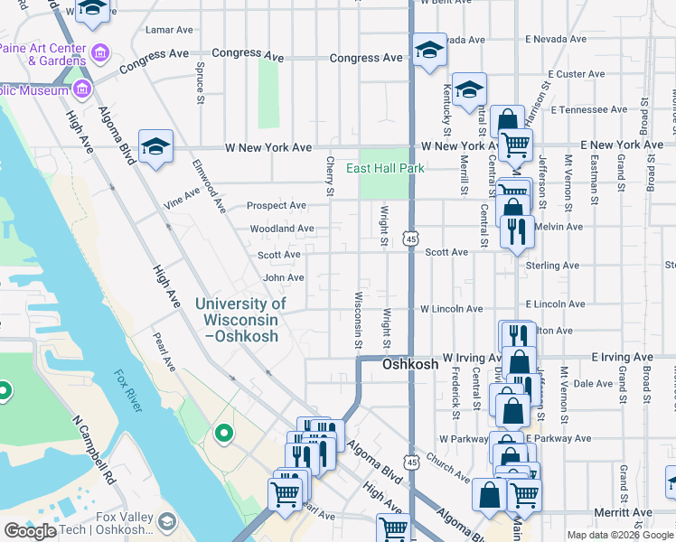 map of restaurants, bars, coffee shops, grocery stores, and more near 845 Cherry Street in Oshkosh