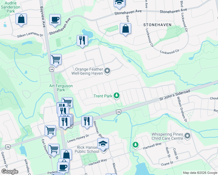 map of restaurants, bars, coffee shops, grocery stores, and more near 123 Novan Crescent in Aurora