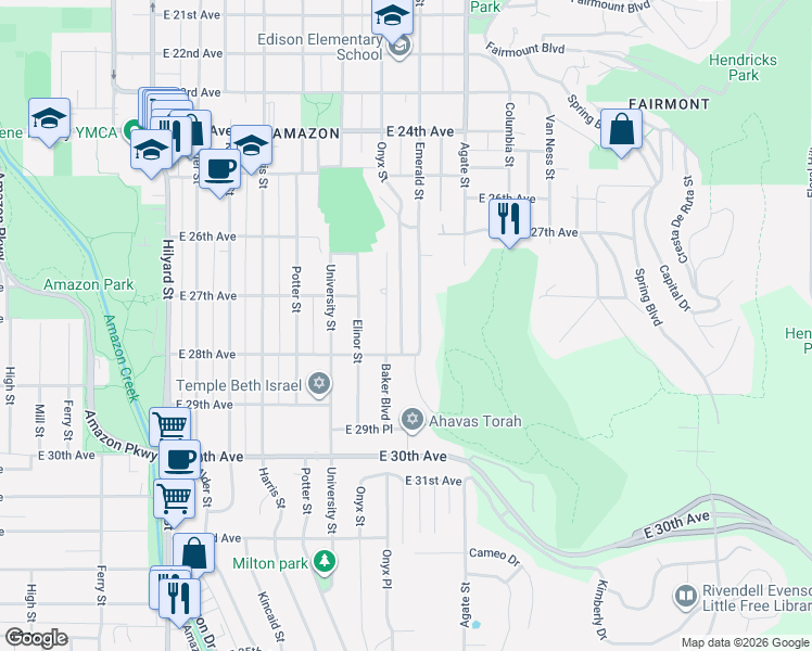 map of restaurants, bars, coffee shops, grocery stores, and more near 2750 Emerald Street in Eugene