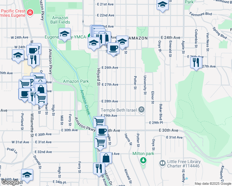 map of restaurants, bars, coffee shops, grocery stores, and more near 2746 Kincaid Street in Eugene