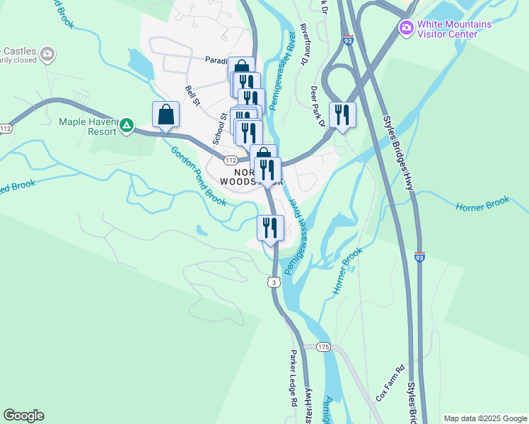 map of restaurants, bars, coffee shops, grocery stores, and more near 36 Main Street in Woodstock