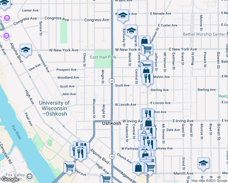 map of restaurants, bars, coffee shops, grocery stores, and more near 851 Franklin Street in Oshkosh