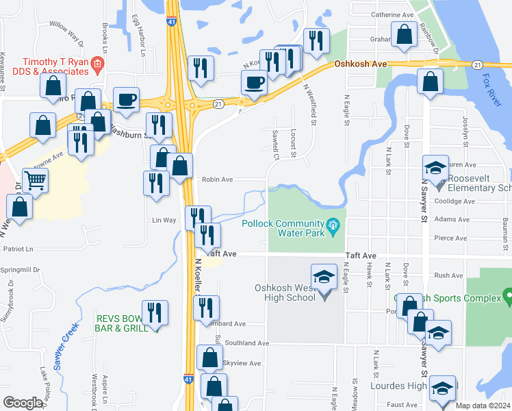 map of restaurants, bars, coffee shops, grocery stores, and more near 601-799 N Westfield St in Oshkosh