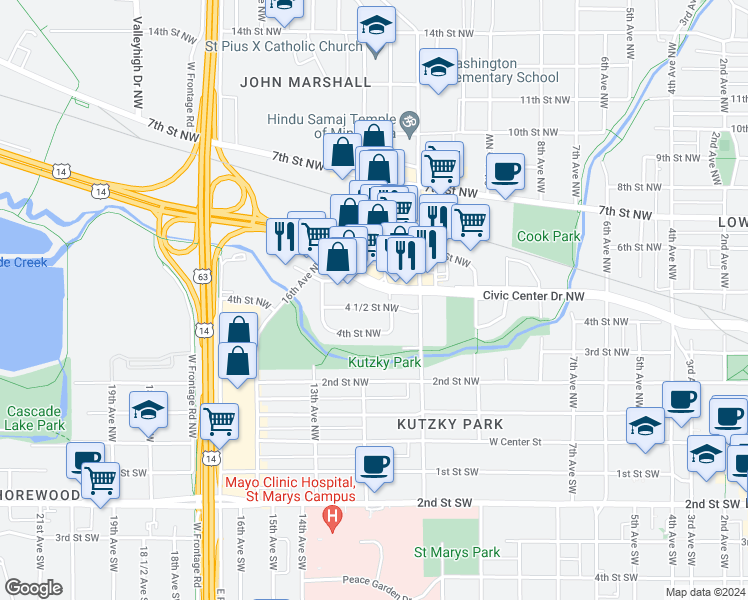 map of restaurants, bars, coffee shops, grocery stores, and more near 1217 4 1/2 Street Northwest in Rochester
