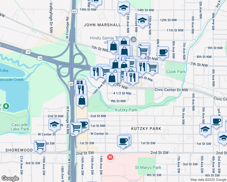 map of restaurants, bars, coffee shops, grocery stores, and more near 1251 4 1/2 Street Northwest in Rochester