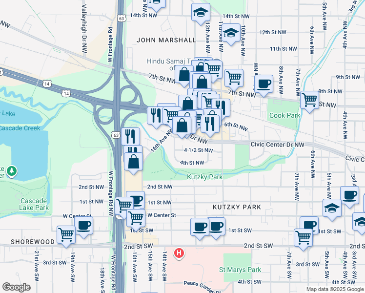 map of restaurants, bars, coffee shops, grocery stores, and more near 1251 4 1/2 Street Northwest in Rochester