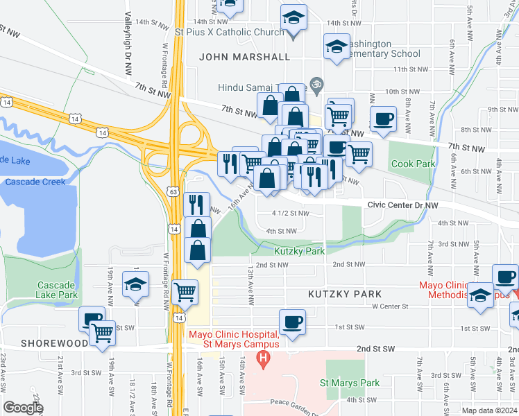 map of restaurants, bars, coffee shops, grocery stores, and more near 1251 4 1/2 Street Northwest in Rochester