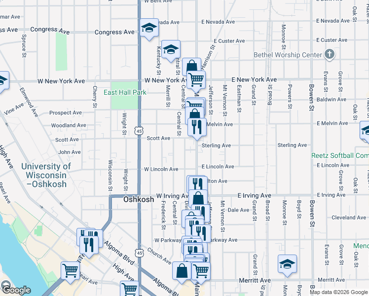 map of restaurants, bars, coffee shops, grocery stores, and more near 847 Division St in Oshkosh