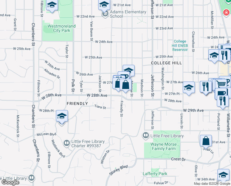 map of restaurants, bars, coffee shops, grocery stores, and more near 865 West 28th Avenue in Eugene