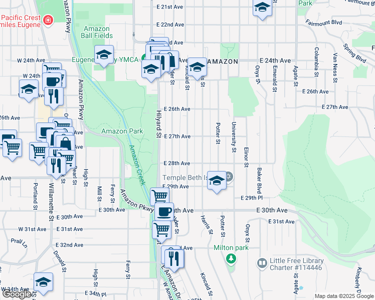 map of restaurants, bars, coffee shops, grocery stores, and more near Kincaid Street in Eugene