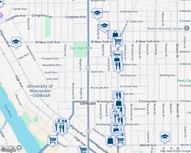 map of restaurants, bars, coffee shops, grocery stores, and more near 851 Franklin Street in Oshkosh